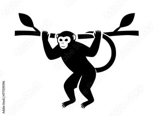 Playful Monkey Silhouette Balancing on Sturdy Branch Vector Art