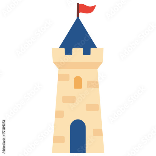 medieval castle tower with a flag vintage retro flat color vector illustration template design