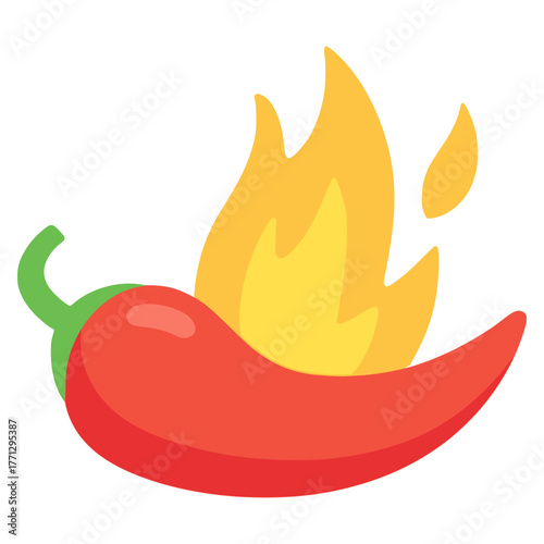 Hot red chili pepper with fire flat color vector illustration template design