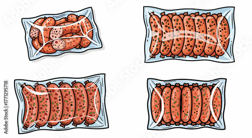 Packaged sausages in plastic trays food display