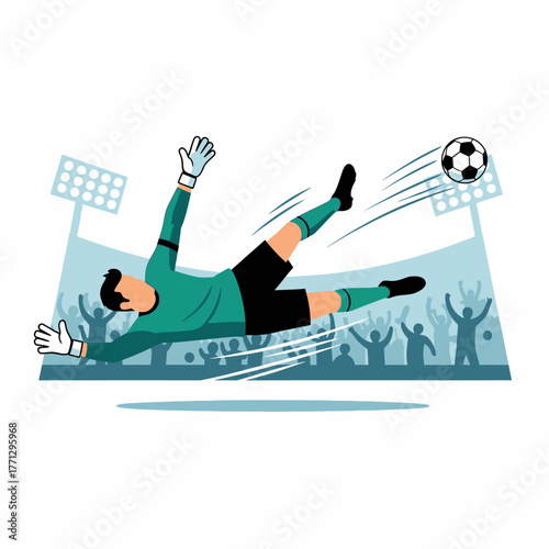 Illustration of a soccer goalkeeper diving to block a ball in a stadium with cheering crowd in the background, with motion lines conveying dynamic action.