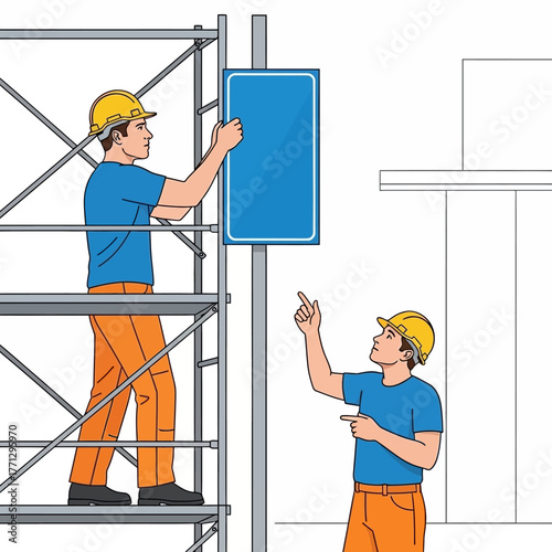 Two construction workers in yellow hard hats and orange pants installing a blue sign on scaffolding against a white background with a building outline.