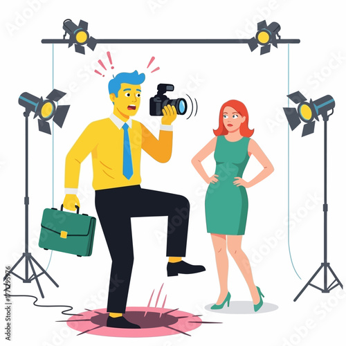 A cartoon man taking a photo of a woman with a camera while standing on a hole, surrounded by studio lights and holding a briefcase, conveying a chaotic and comedic mood.