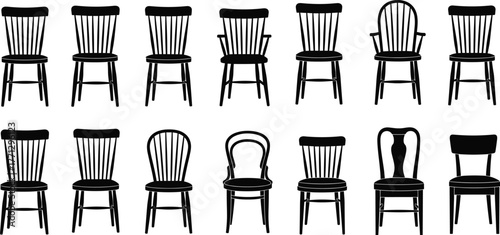 Chair silhouette vector set, black furniture icons, backrest and leg design, interior seating illustration, home decor artwork, vintage and modern theme