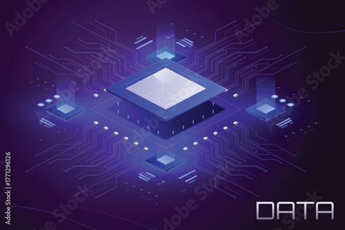 CPU with Light Glowing Neon Frame on Circuit Board - Technology Semiconductor on Blue Background, Empty AI Chip, Digital Tech Background, Big Data and Artificial Intelligence Concept Power