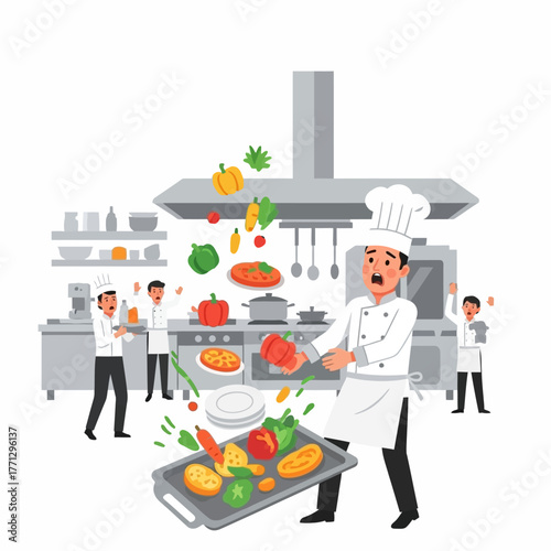Illustration of a chef in a commercial kitchen tossing vegetables and meat onto a tray with other cooks in the background against a clean white background with a playful and culinary mood.