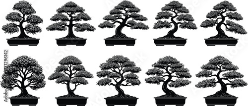 Bonsai tree silhouette vector set, black plant icons, artistic pot design, miniature tree illustration, zen garden artwork, Japanese nature theme