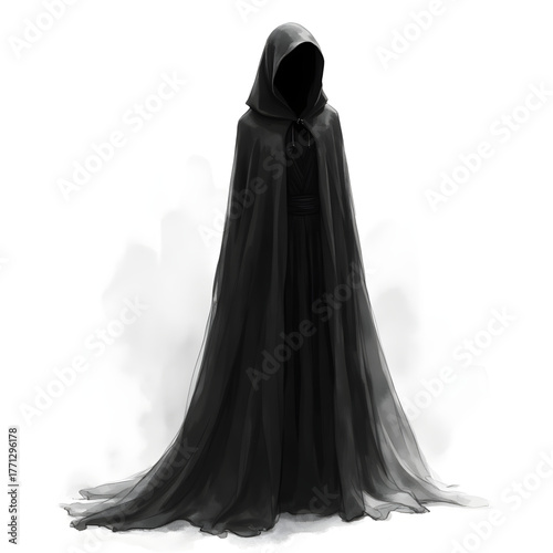 Shadowy Silhouette: A mysterious figure shrouded in a flowing black cloak, its features obscured within a deep, encompassing hood. This artwork conjures an atmosphere of enigma and intrigue.