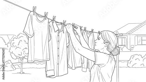 High Quality Black Line Art of Person Hanging Clothes on Line in Peaceful Home Yard