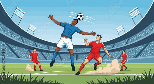 Soccer players compete for the ball during a match in the stadium.