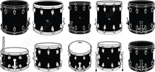 Drum tom silhouette vector set, black percussion icons, front-facing drum illustrations, musical instrument design, hardware detail artwork, rhythm theme