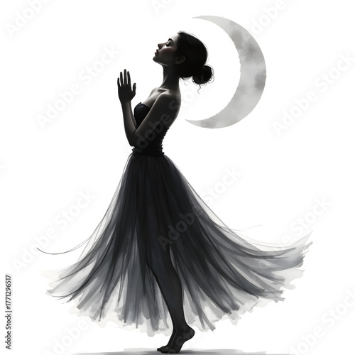 Mystic Embrace: A woman gracefully dances beneath the serene glow of the crescent moon, her silhouette a vision of elegance. A tribute to the inner world, a symbol of serenity and connection.