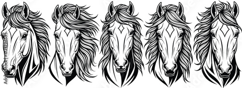 Horse head silhouette vector set, black animal icons, flowing mane designs, equine face illustration, elegant creature artwork, riding theme, farm concept