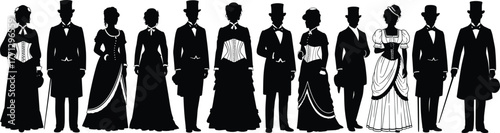 Historical fashion silhouette vector set, black vintage icons, 18th and 19th century attire, male and female poses, classic costume illustration, retro theme