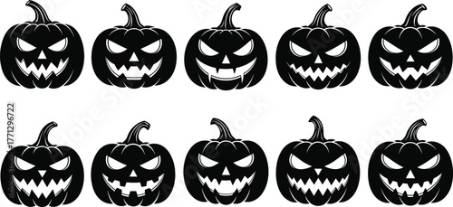 Jack-o'-lantern silhouette vector set, black Halloween icons, spooky pumpkin face designs, scary expression illustration, autumn holiday artwork, festive theme