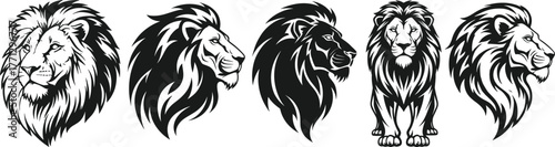 Lion silhouette vector set, black animal icons, stylized mane designs, head and body illustration, majestic creature artwork, wildlife theme, regal concept