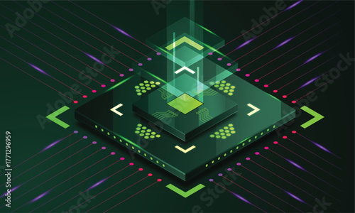 CPU with Light Glowing Neon Frame on Circuit Board - Technology Semiconductor on Blue Background, Empty AI Chip, Digital Tech Background, Big Data and Artificial Intelligence Concept Power