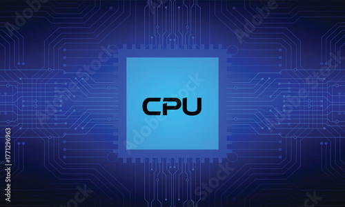 CPU with Light Glowing Neon Frame on Circuit Board - Technology Semiconductor on Blue Background, Empty AI Chip, Digital Tech Background, Big Data and Artificial Intelligence Concept Power
