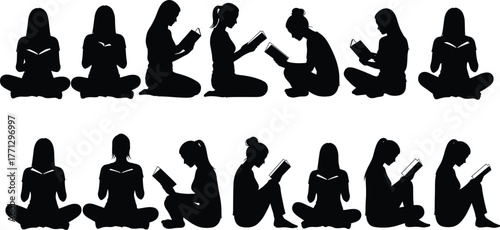 Reading silhouette vector set, black book lovers icons, seated reader poses, educational theme, quiet activity illustration, hand-drawn learning design