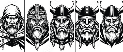 Viking warrior face silhouette vector set, black Norse icons, helmet and beard design, medieval character illustration, mythology artwork, battle theme