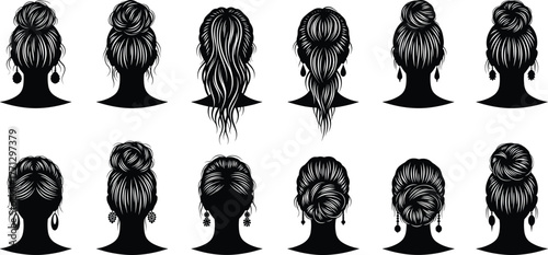 Women hairstyle silhouette vector set, black fashion icons, back view hair designs, braid bun ponytail illustration, beauty artwork, styling theme