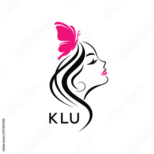 KLU Elegant Beauty Woman Logo. KLU with Butterfly Feminine Salon & Spa Branding. KLU Luxury Beauty Icon Design.

