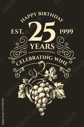 Vector custom name wine label a4 with a bunch of grapes and calligraphic inscriptions on a black background in vintage style. Anniversary or birthday. No ai