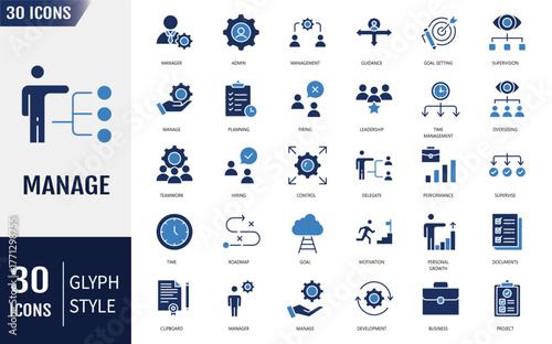 Manage flat icon set. Containing icons: management, project, supervision, leadership, admin, teamwork, planning, manager and more. Vector illustration