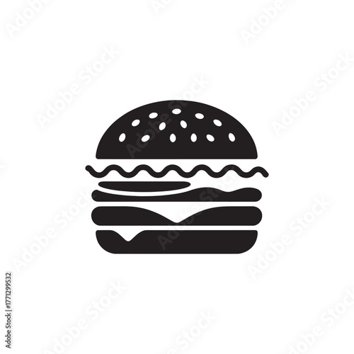 Black silhouette of a hamburger with sesame seeds on a white background sandwich food