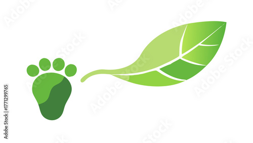 Green paw print and leaf representing environmental impact