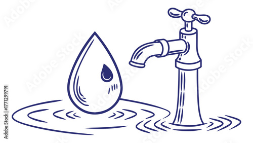 A blue water drop with faucet and running stream design