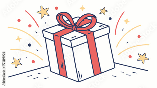 Wrapped Gift Box With a Red Ribbon and Festive Decorations