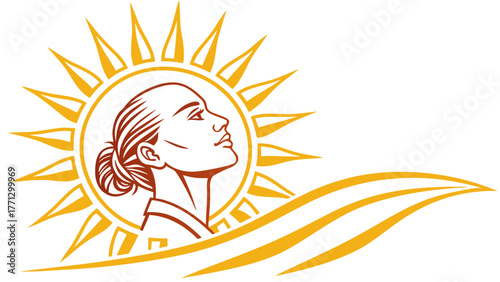 Woman looking upward with sun icon and wavy yellow design