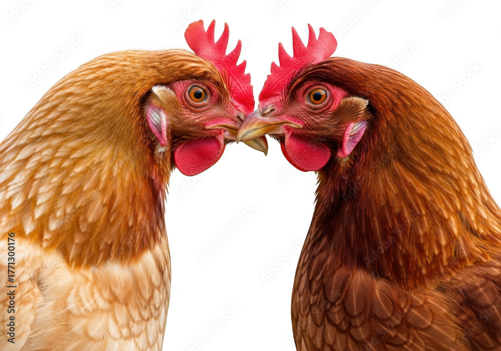 Naklejka premium Close-up of two brown chickens head to head, poultry farming, livestock, birds, animal husbandry, farm animals, chicken breeds, isolated on transparent background