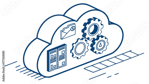 Cloud storage icon with gears and server in technology concept