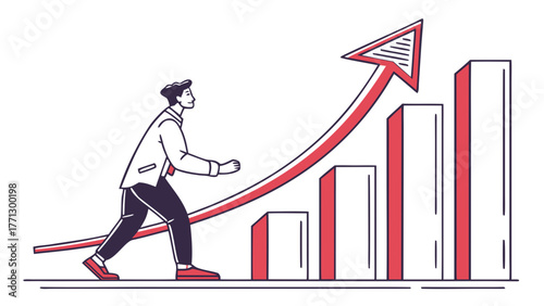 Businessman following the upward arrow and progress chart
