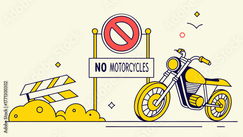 A Yellow Motorcycle and No Motorcycles Sign Illustration