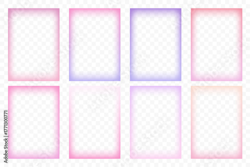 Gradient blurred frames with transparent edge. Abstract pastel light pink and purple vector border for photo. Cute girly soft color templates set. Minimal rectangle decorative poster