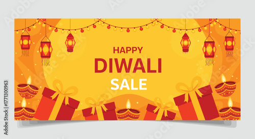 Vector illustration for a Diwali festival sale, featuring decorative string lights, lanterns, and presents on a yellow background