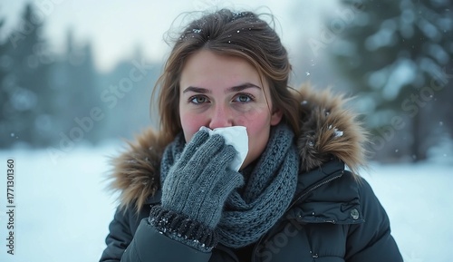 Cold Winter Day with Woman Catching a Cold. The image conveys the feeling of cold weather, flu symptoms, and solitude in a frozen landscape.