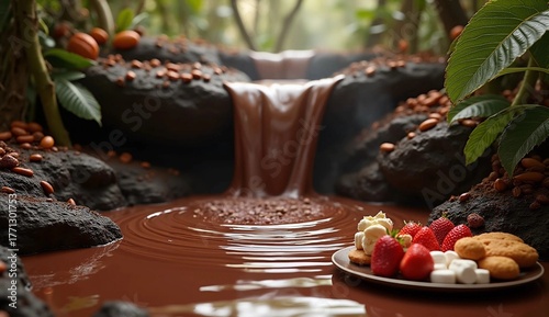 Fantasy Chocolate Waterfall with Dessert and Cocoa Beans. A delicious concept art representing sweetness, fantasy nature, and creativity.