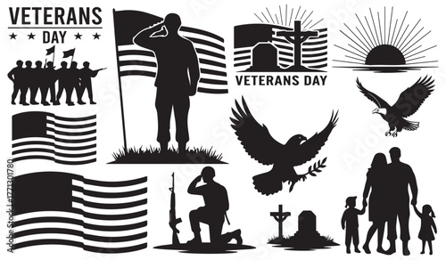 Collection of patriotic silhouettes celebrating veterans day with american flags soldiers eagles and memorials honoring service