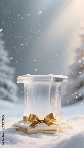Ice transparent pedestal with a golden ribbon for winter sale in snowy forest, vertical image  