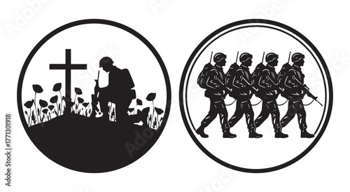 Solemn silhouette of a soldier kneeling before a cross and poppies symbolizing remembrance and sacrifice
