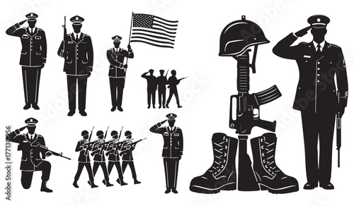 Collection of silhouette military figures saluting and memorial display with helmet rifle and boots
