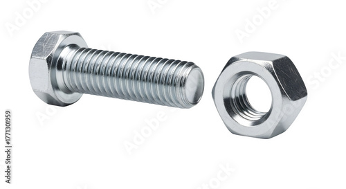 Shiny metal bolt and nut isolated on transparent background, hardware components