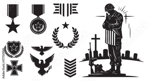 Collection of military decorations and symbols including medals badges laurel wreath and soldier statue honoring veterans