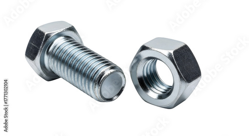 Closeup of a shiny metal bolt and nut isolated on transparent background