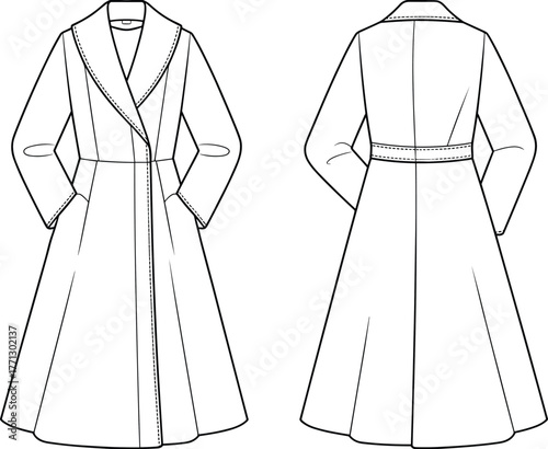 CAD drawing flat vector illustration, women’s long tailored coat fashion design, sewing pattern template, garment technical sketch, apparel outline, front back view