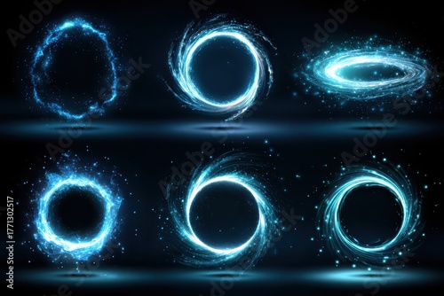 Glowing, abstract blue portal or vortex shape set on a dark background. Perfect for science, technology, fantasy, or any creative design.